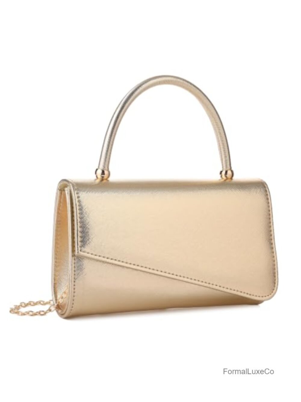 Metallic Gold Evening Clutch - Top Handle Detachable Chain Bridal Purse